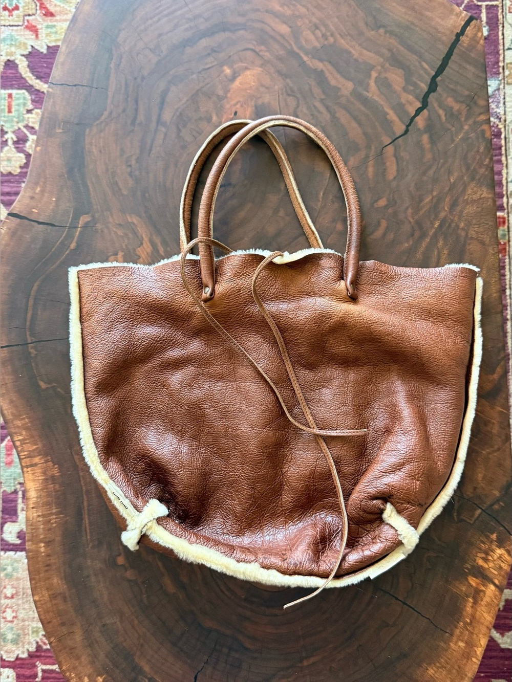 Miu Miu Like New Brown Shearling-Trim Leather Tote Bag FIRM $